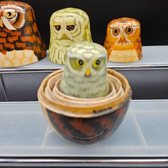 Vintage Owl Family Nesting Dolls Enesco Wooden Hand Painted 5pc Set Kitschy - Picture 7 of 14
